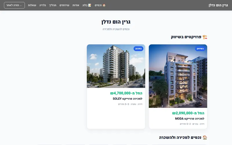 עמוד הנכסים באתר גרין הום נדלן בנתניה